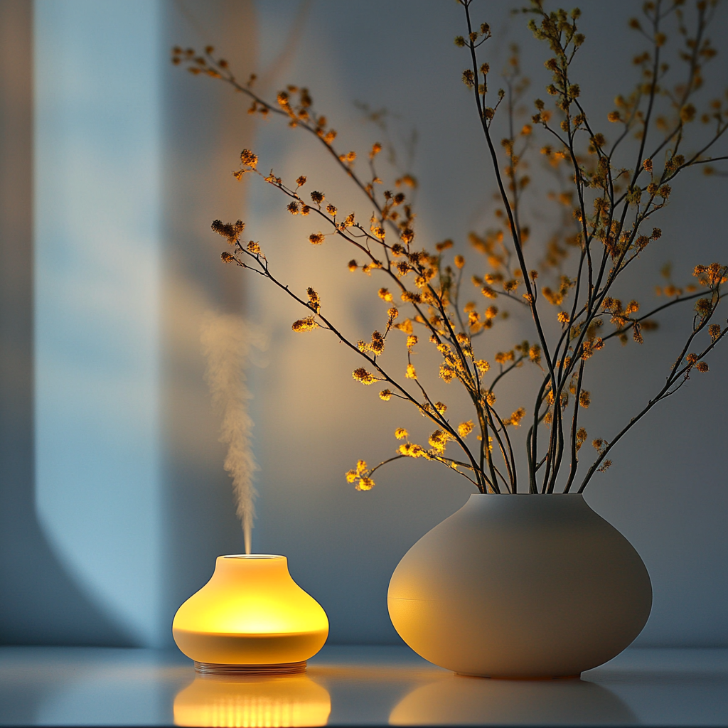 A serene setting with a diffuser actively releasing Helichrysum Italicum essential oil.png