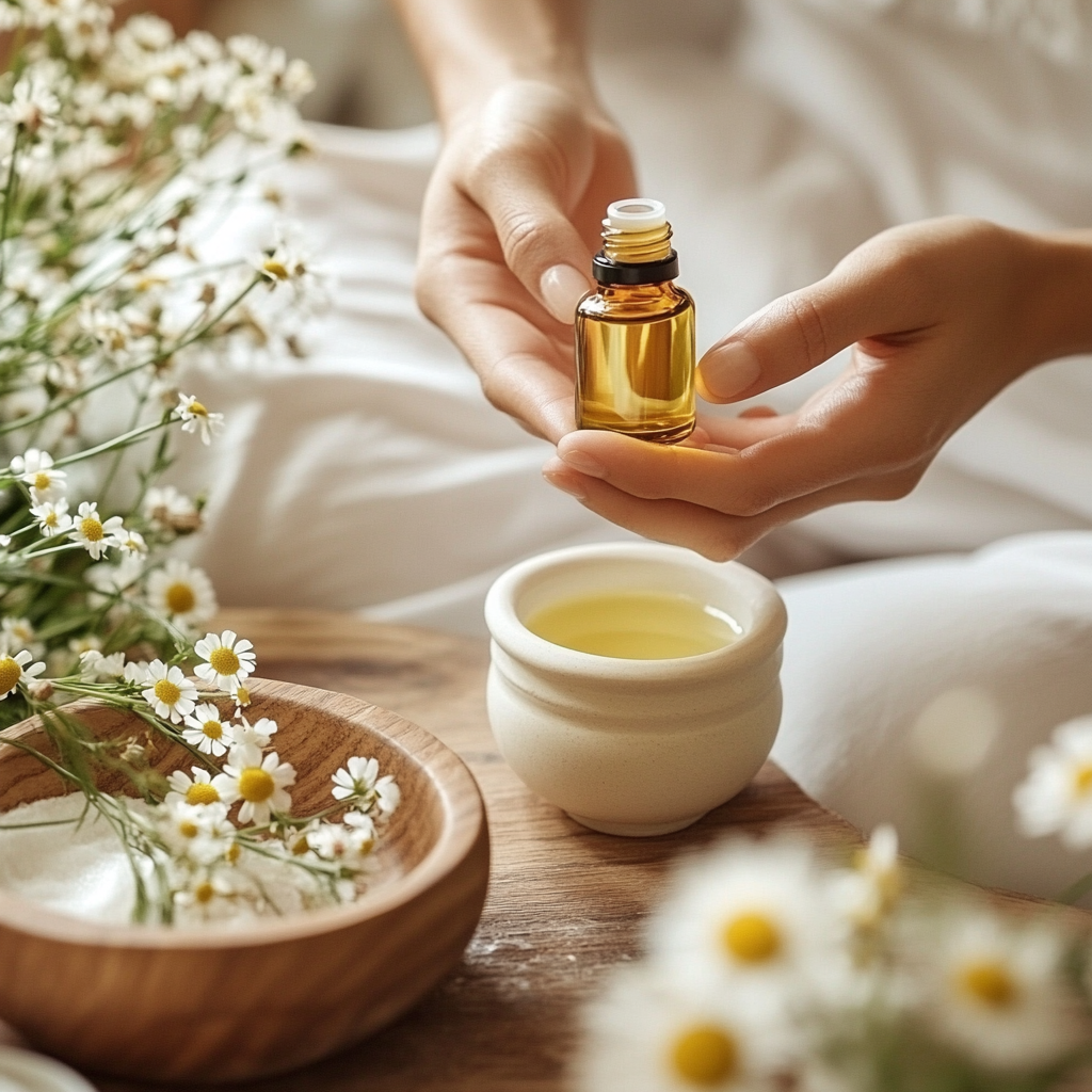 A serene setting with a person applying German Chamomile Essential Oil to their pulse points, emphasizing relaxation and wellness