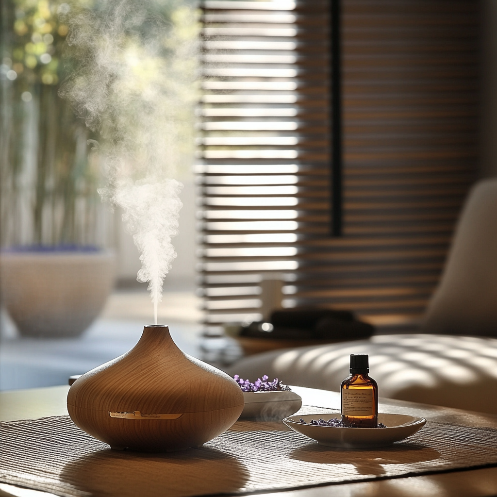 A serene spa environment with diffusers emitting steam