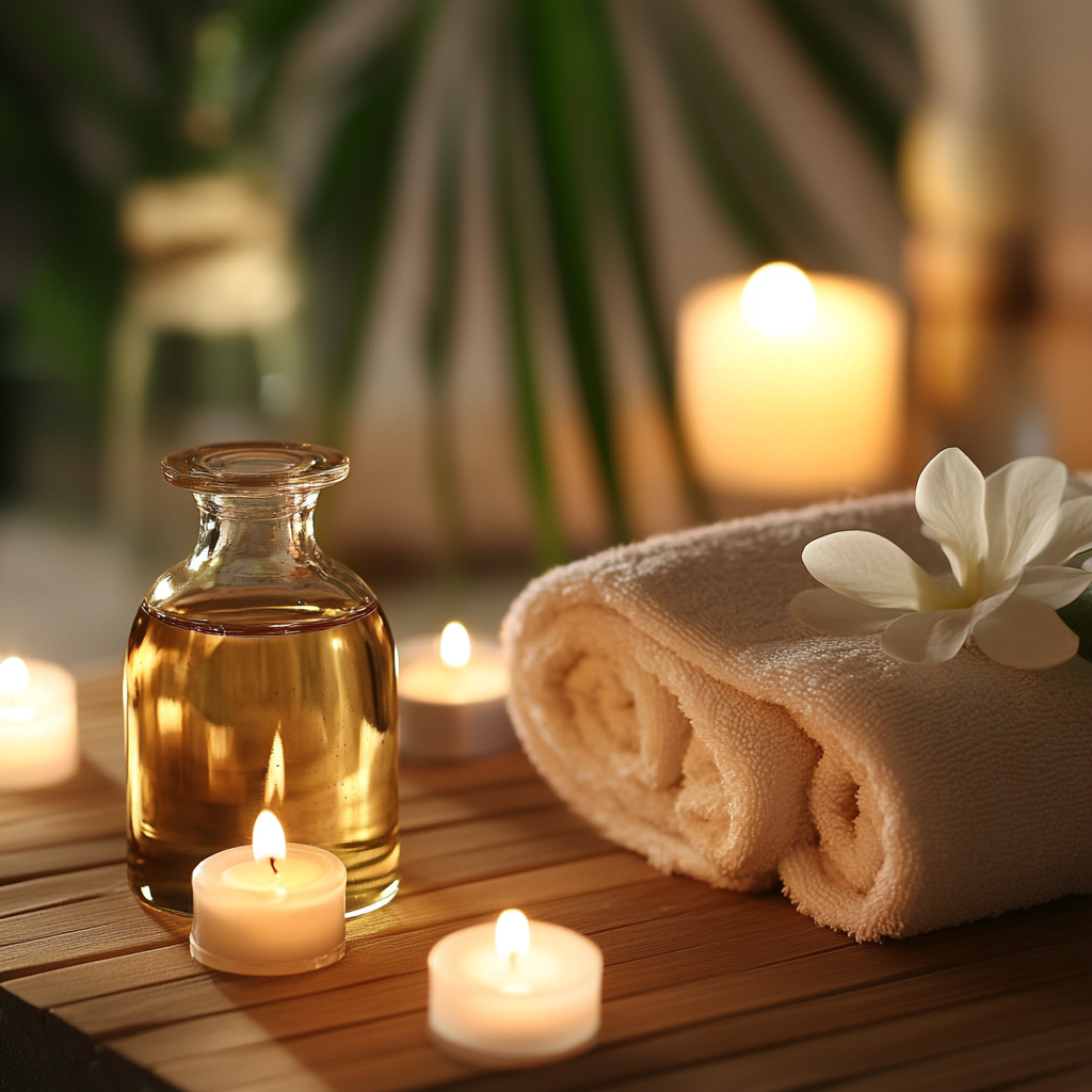 A serene spa scene showcasing a soothing massage with essential oil and a calming atmosphere