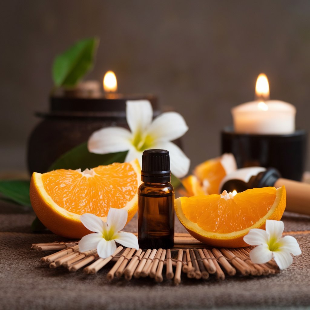 A serene spa setting with sweet orange essential oil and massage tools, reflecting relaxation