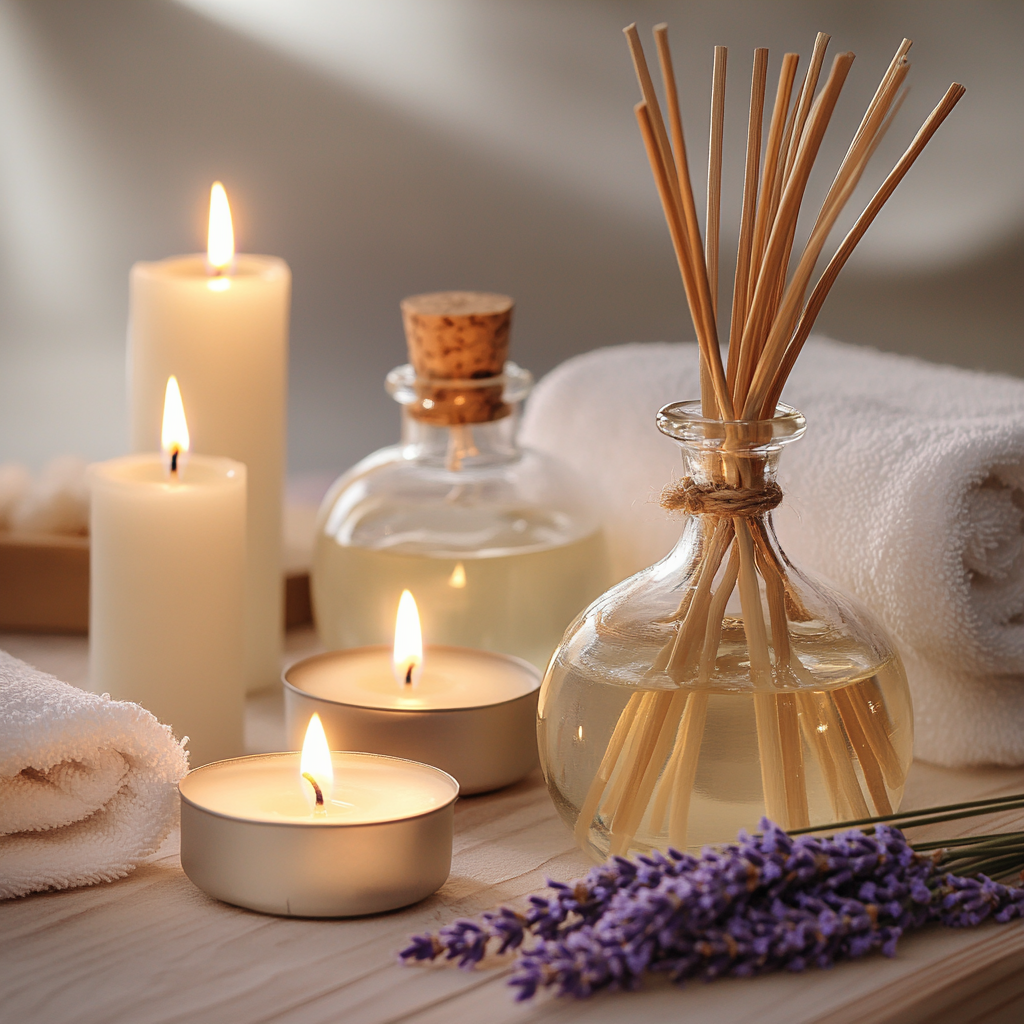 A spa scene with lavandin-scented candles and diffusers creating a soothing environment.