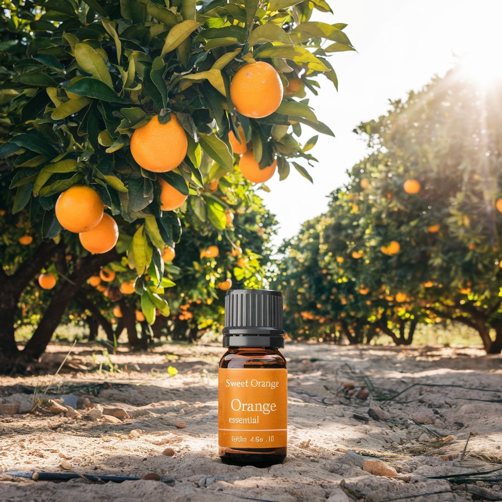 A sunlit grove of orange trees with ripe fruits and a clear bottle of sweet orange essential oil in the foreground