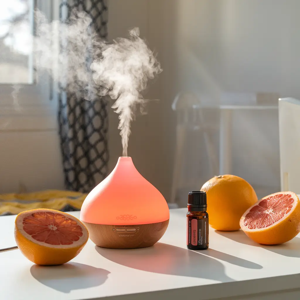A sunny room with a diffuser emitting a mist and a bottle of Ruby Red Grapefruit Essential Oil nearby, creating an uplifting atmosphere.