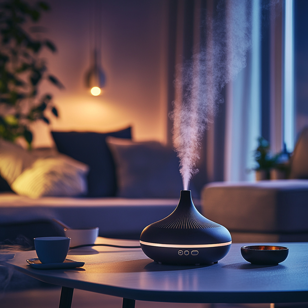 A tranquil aromatherapy setup with a diffuser emitting subtle vapor in a peaceful home environment at dusk