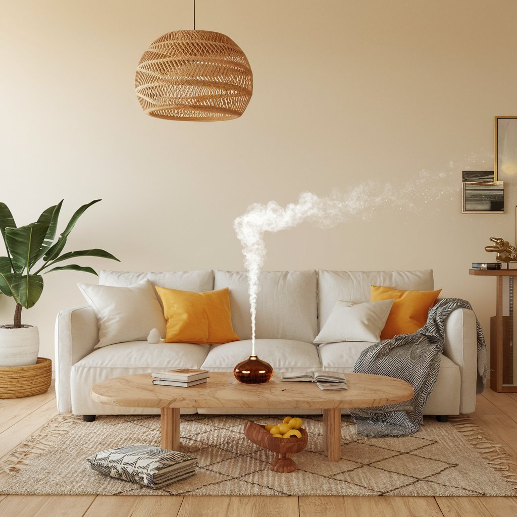 A tranquil living room with a diffuser emitting a citrus aroma, enhancing the ambiance