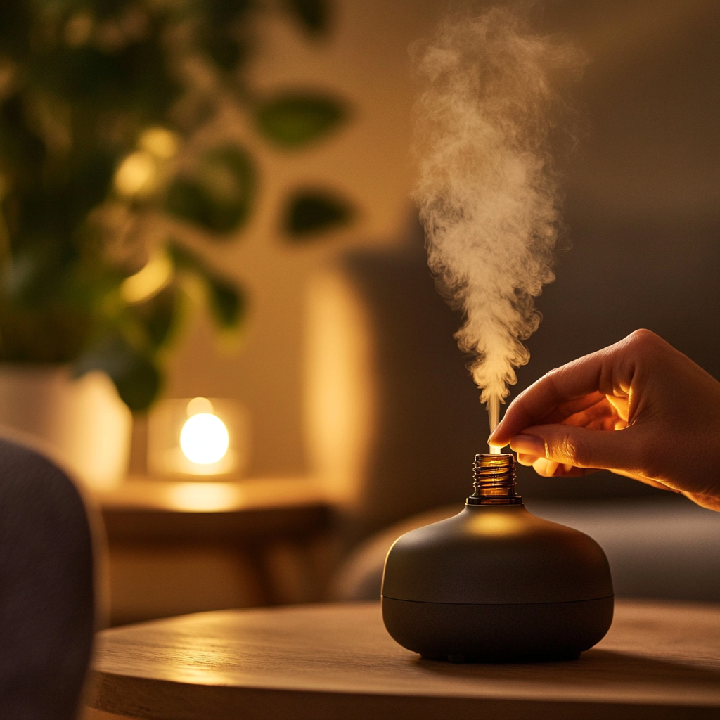 A tranquil scene of an individual using Holy Basil oil in an aromatherapy diffuser against a backdrop of a cozy, well-lit room