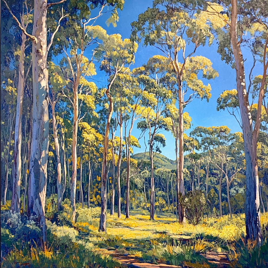 A vibrant eucalyptus forest landscape under a bright blue sky