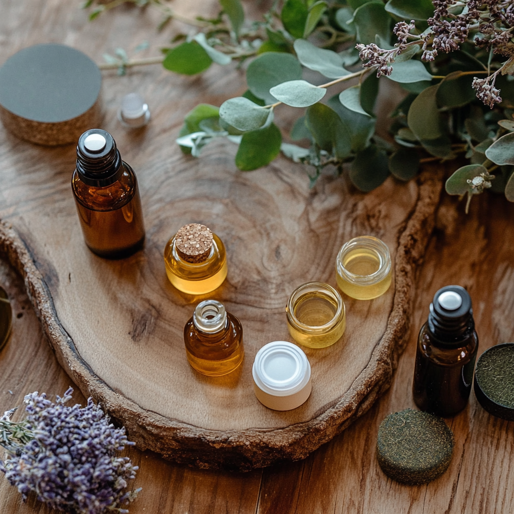 A wooden table featuring various essential oils