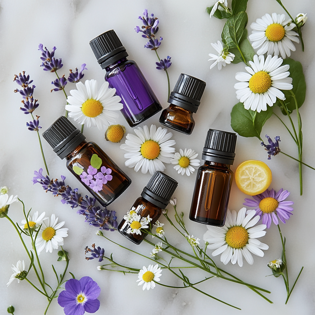 An array of essential oil bottles, including Lavender, Geranium, and Lemon, creatively arranged with chamomile flowers, illustrating blend possibilities.