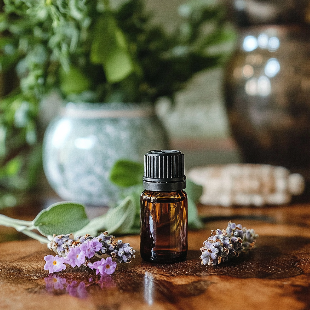 An artful blend of Vitex Berry essential oil with lavender and clary sage oils in a wellness setting