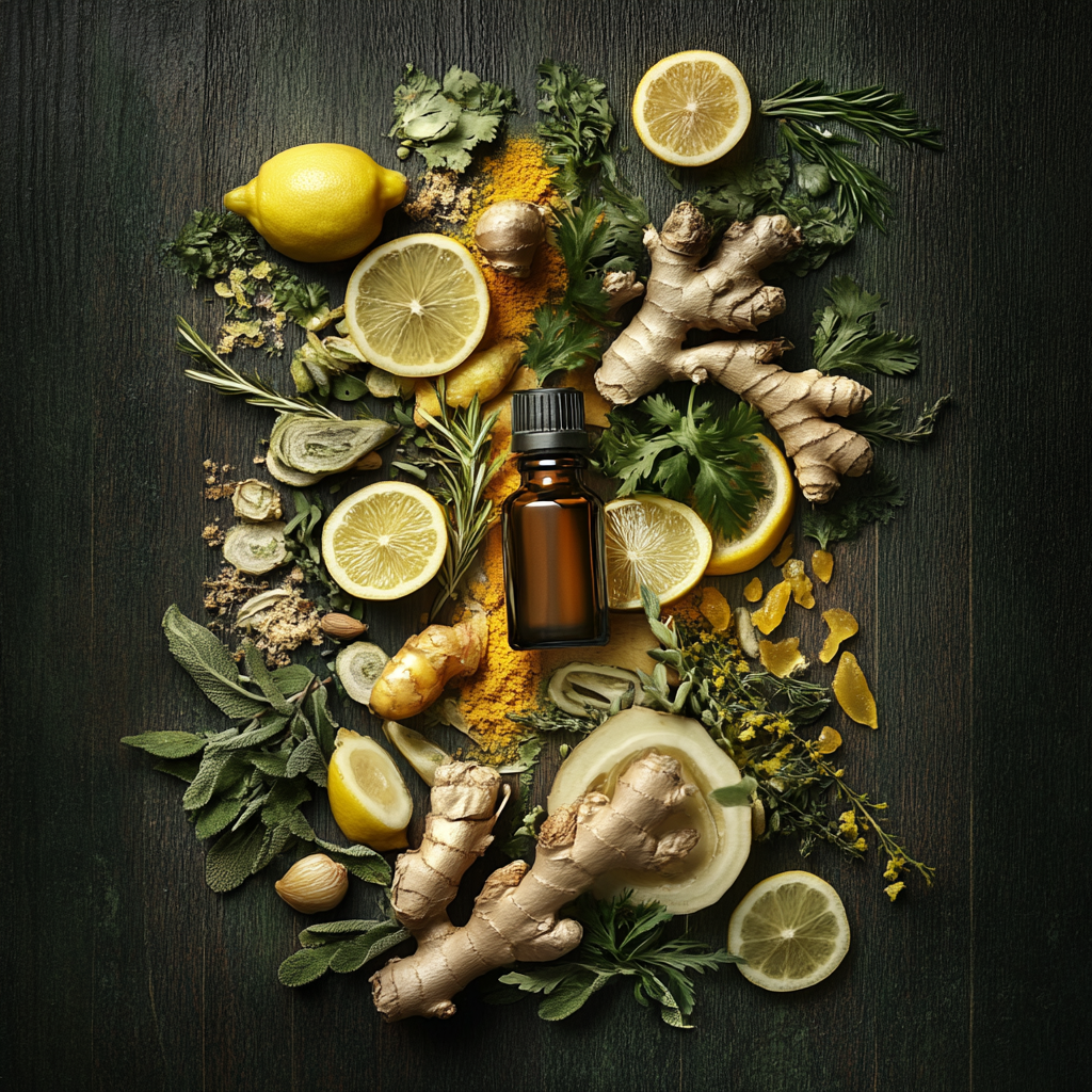 An artistic arrangement of essential oil blends including cilantro oil with lemons, cedarwood, and fresh ginger