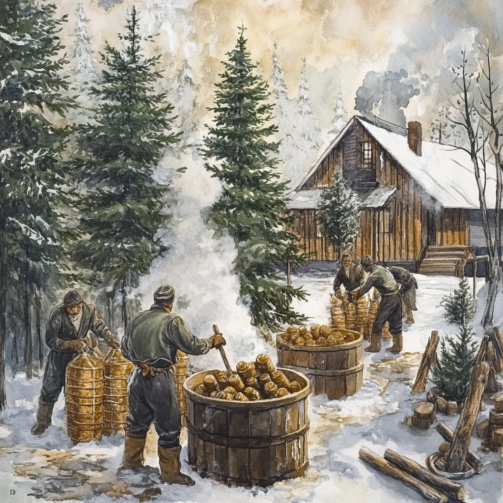 An artistic depiction of traditional methods of extracting Spruce Black Essential Oil, illustrating the steam distillation process.