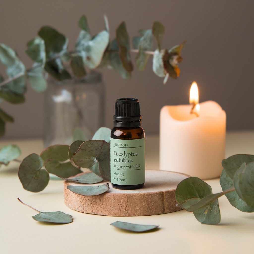 An artistic still life featuring a bottle of Eucalyptus Golublus essential oil with scattered eucalyptus leaves and a lit candle for an ambiance of serenity.