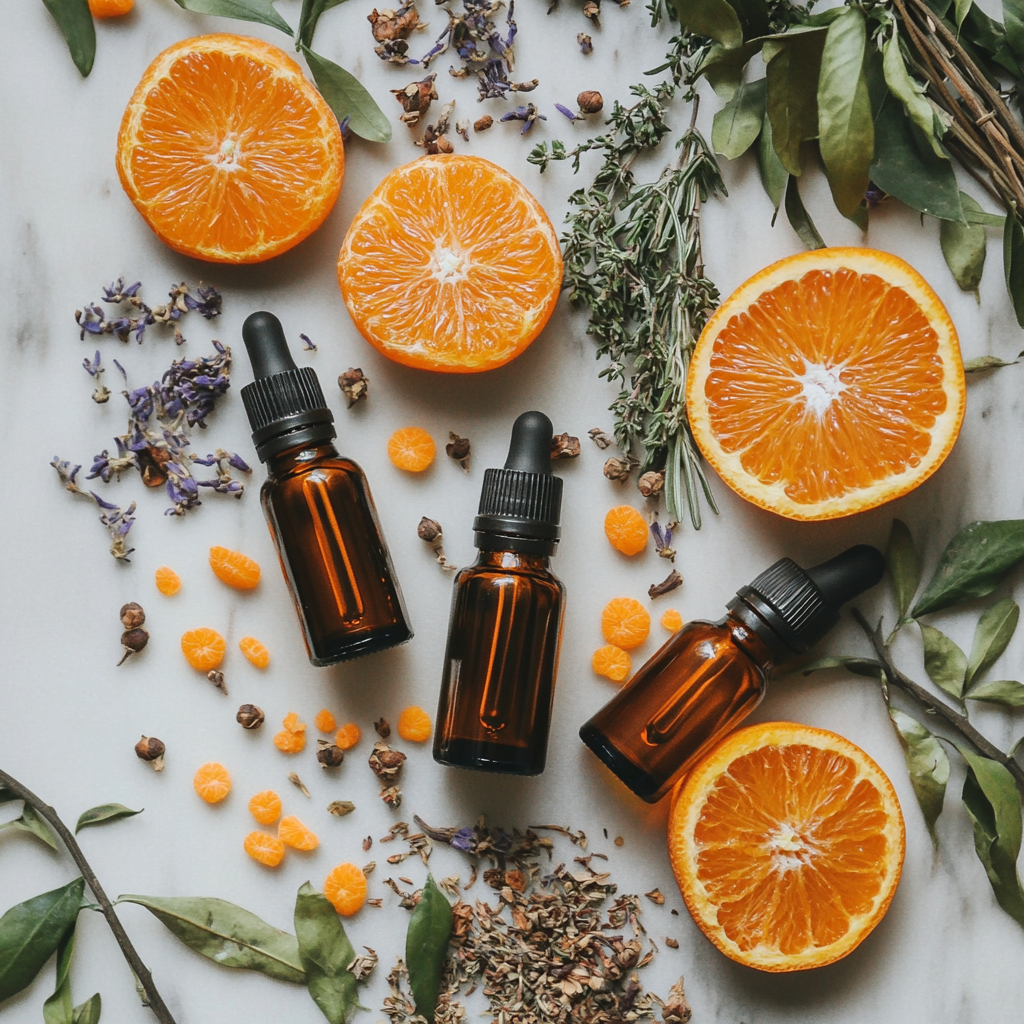 An artistically arranged flat lay of essential oil bottles, clementine fruits, and dried herbs, showcasing a harmonious blend of nature's offerings.