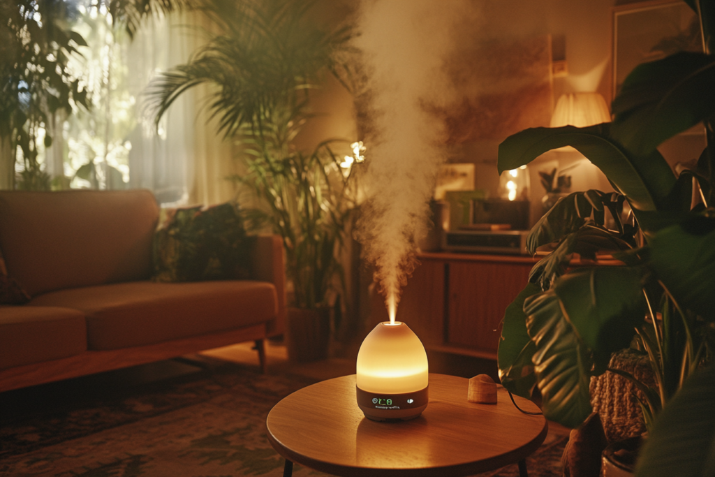 An inviting scene of a diffuser releasing a gentle mist of Nootka tree essential oil in a cozy, well-lit room