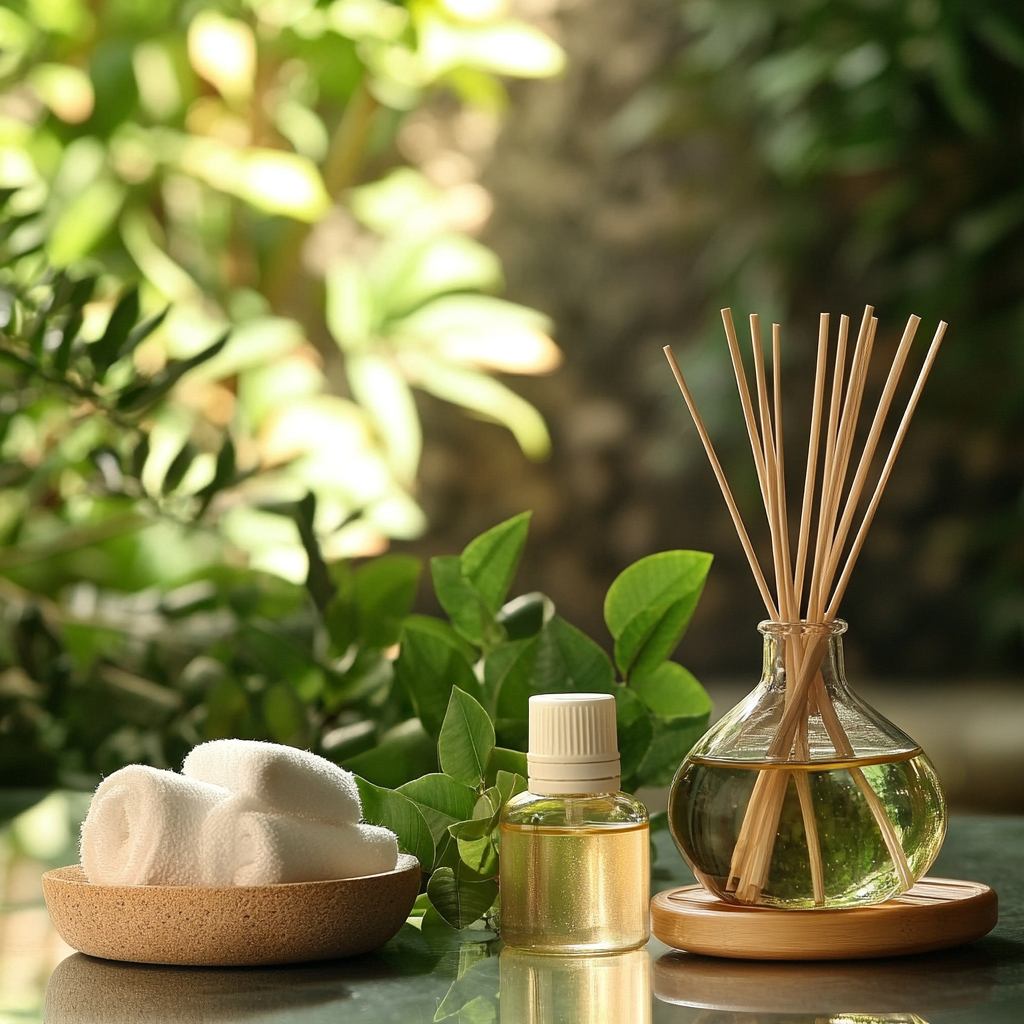 An inviting spa setting with diffusers and massage oils incorporating Laurel Leaf Essential Oil, enhancing the ambiance