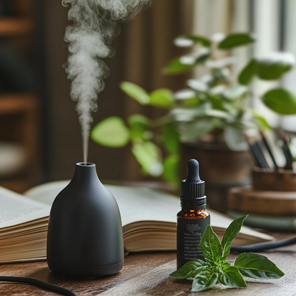 Basil Holy Eugenol Essential Oil in the foreground, open books, and a plant nearby