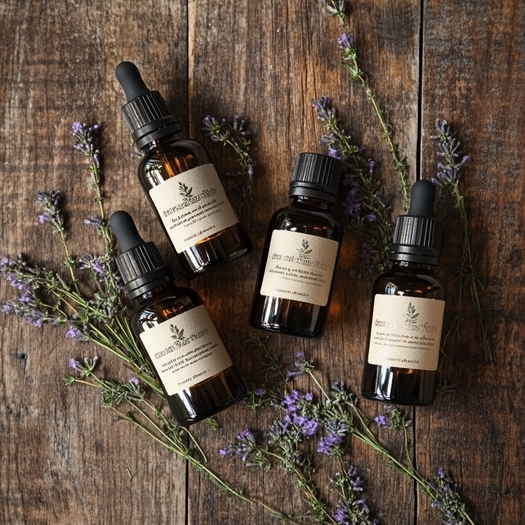 Bottles of lavandin essential oil on a rustic wooden table, surrounded by sprigs of lavandin