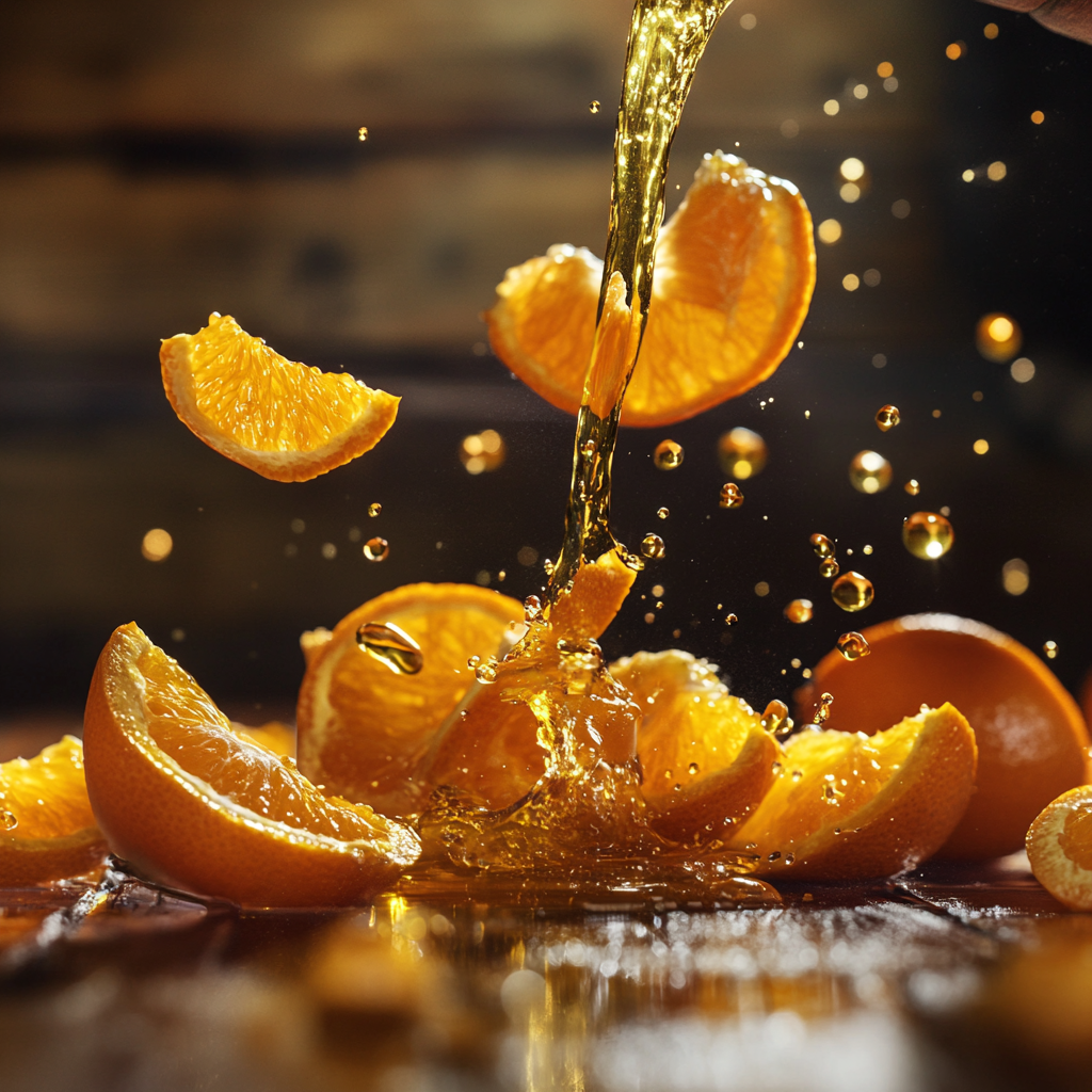 Close-up of clementine peels being cold-pressed, with vibrant oranges and drops of oil emerging, set against a rustic wooden backdrop.