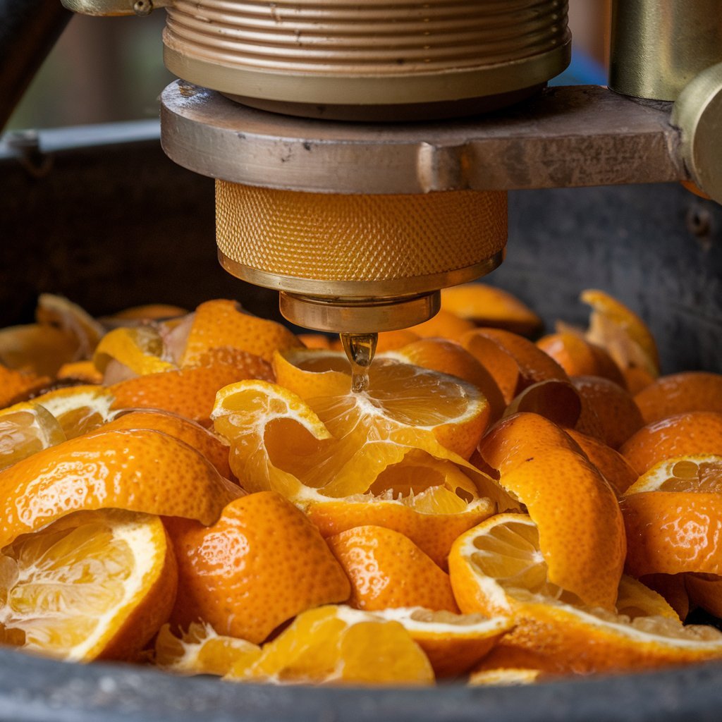 Close-up of orange peels being cold-pressed to extract the oil