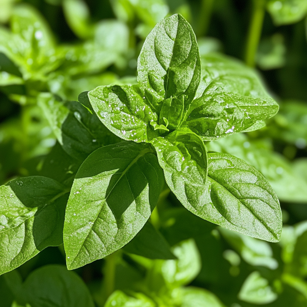 Close-up shot of Holy Basil leaves with highlighted dew drops