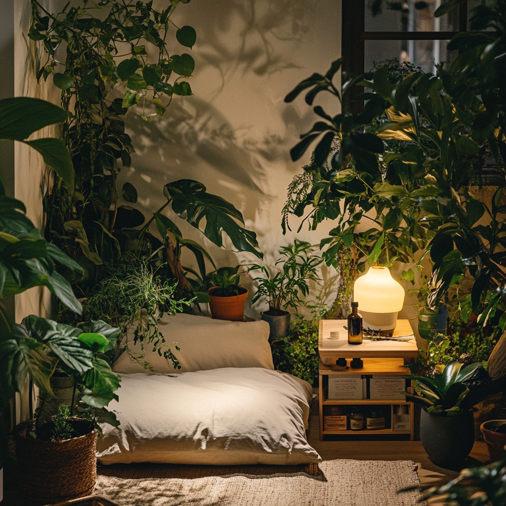 Cozy setting with diffusion of Angelica oil in a room filled with plants