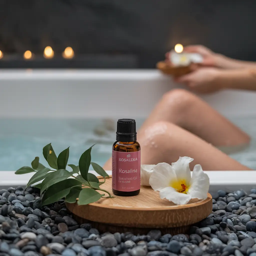 Depict a relaxing spa scene, with someone enjoying a Rosalina Essential Oil-infused bath soak
