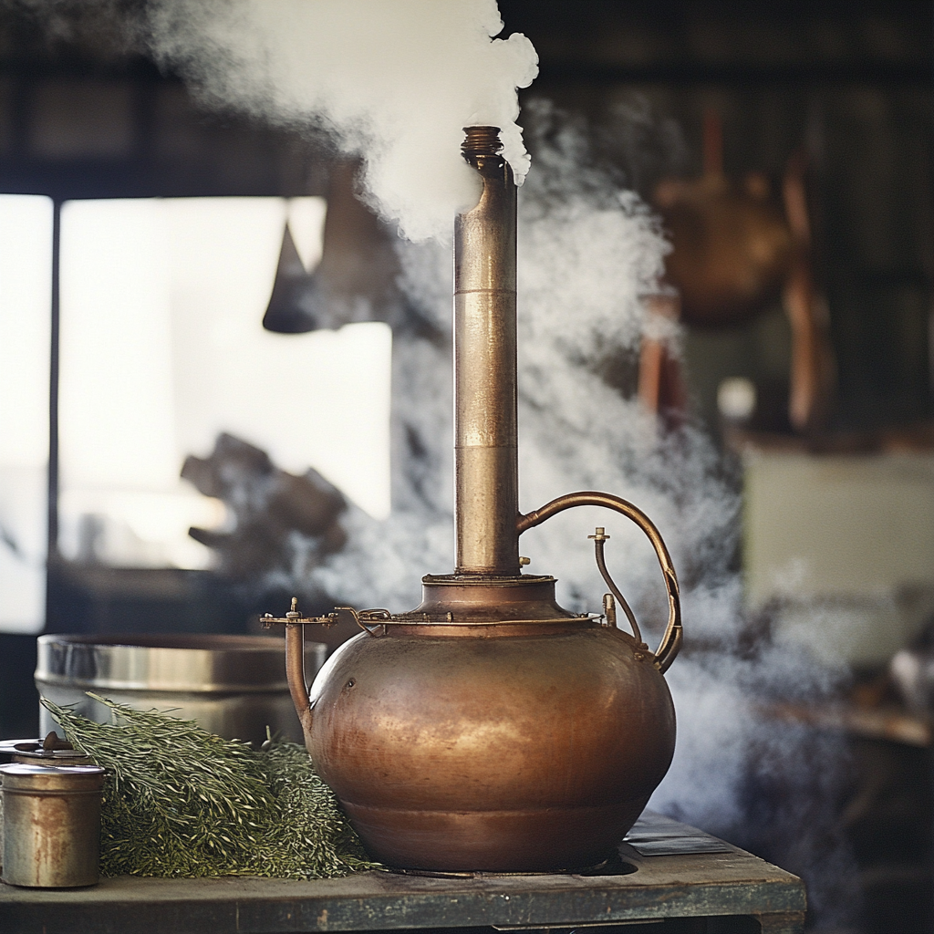 Steaming distillation apparatus used for extracting lavandin oil, captured in detail.