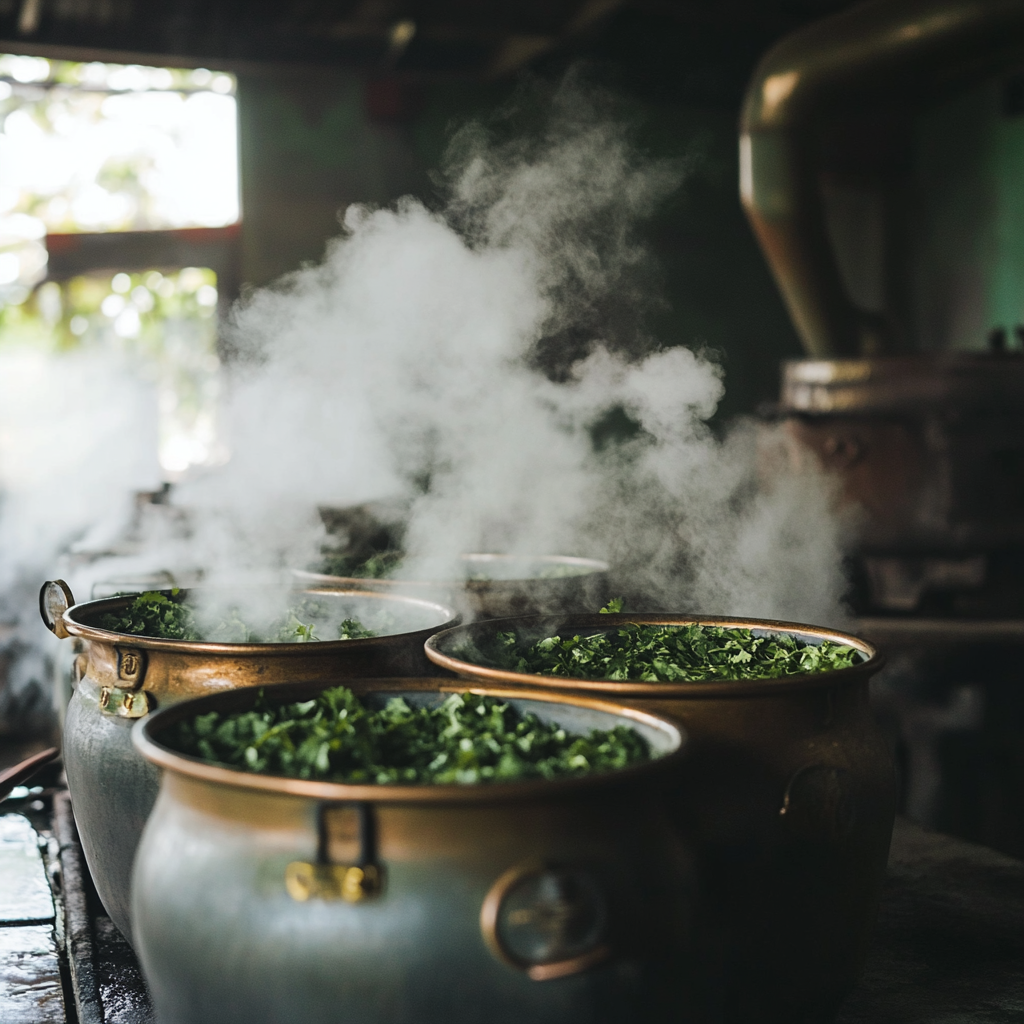 The process of steam distillation of cilantro leaves, showcasing the traditional method