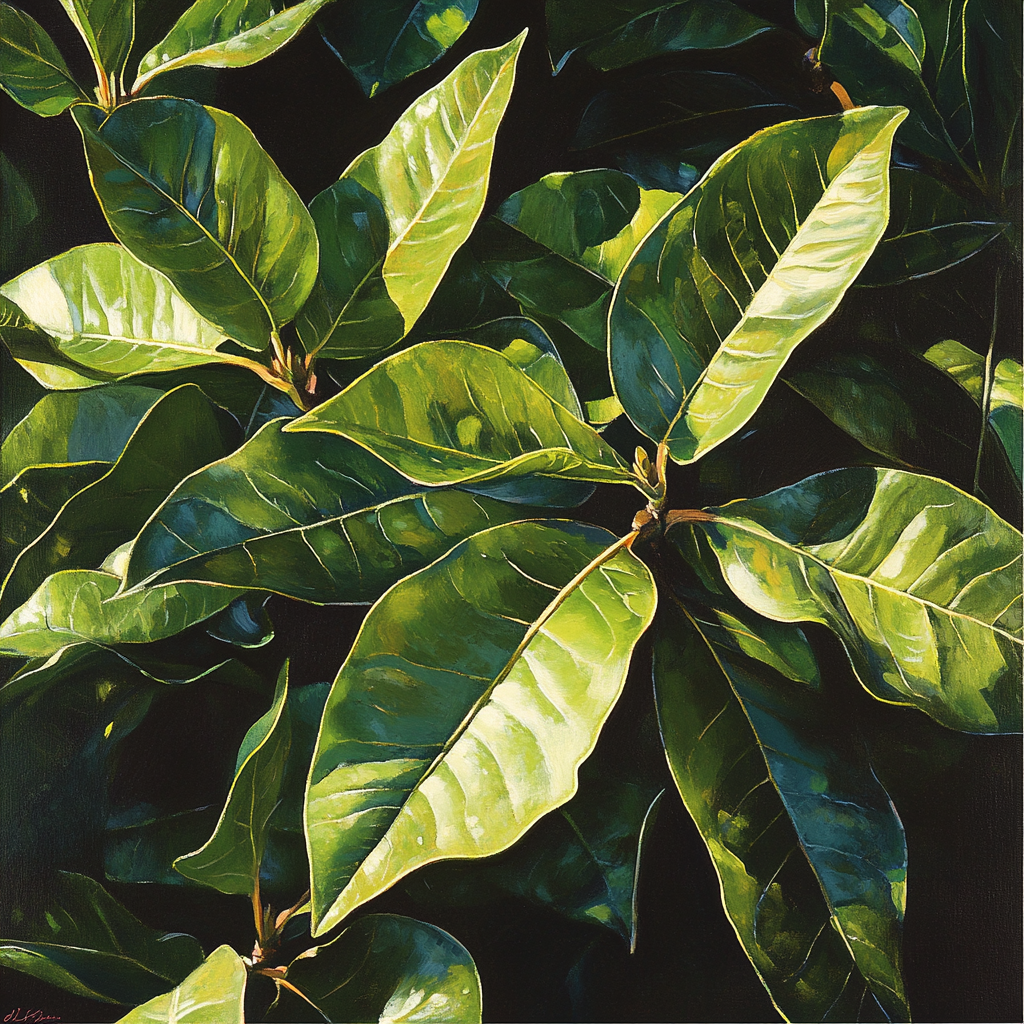 Vibrant Laurel Leaves with dappled sunlight, showcasing their glossy texture and rich color.