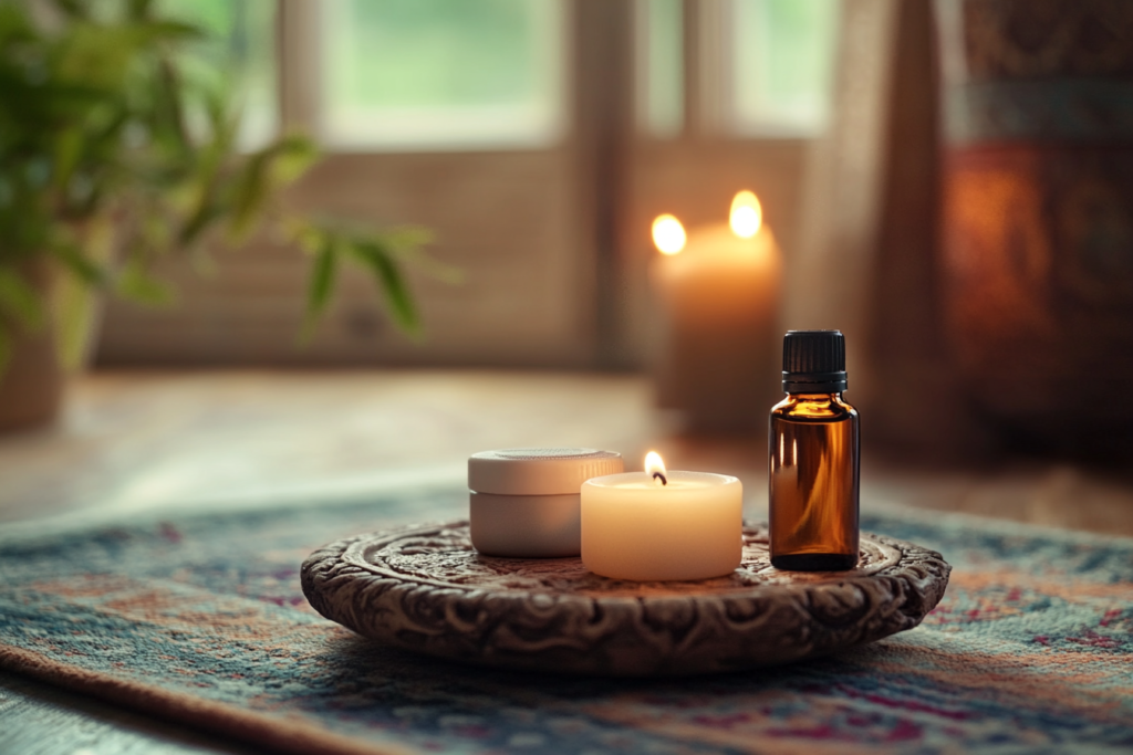 meditation scene with the essential oil bottle nearby