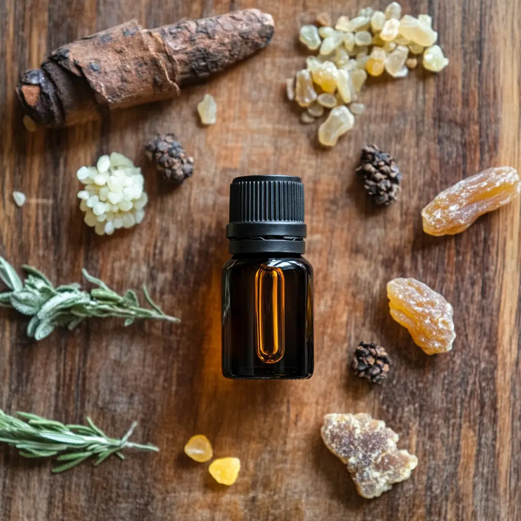 rustic Frankincense oil bottle surrounded by other compatible essential oils
