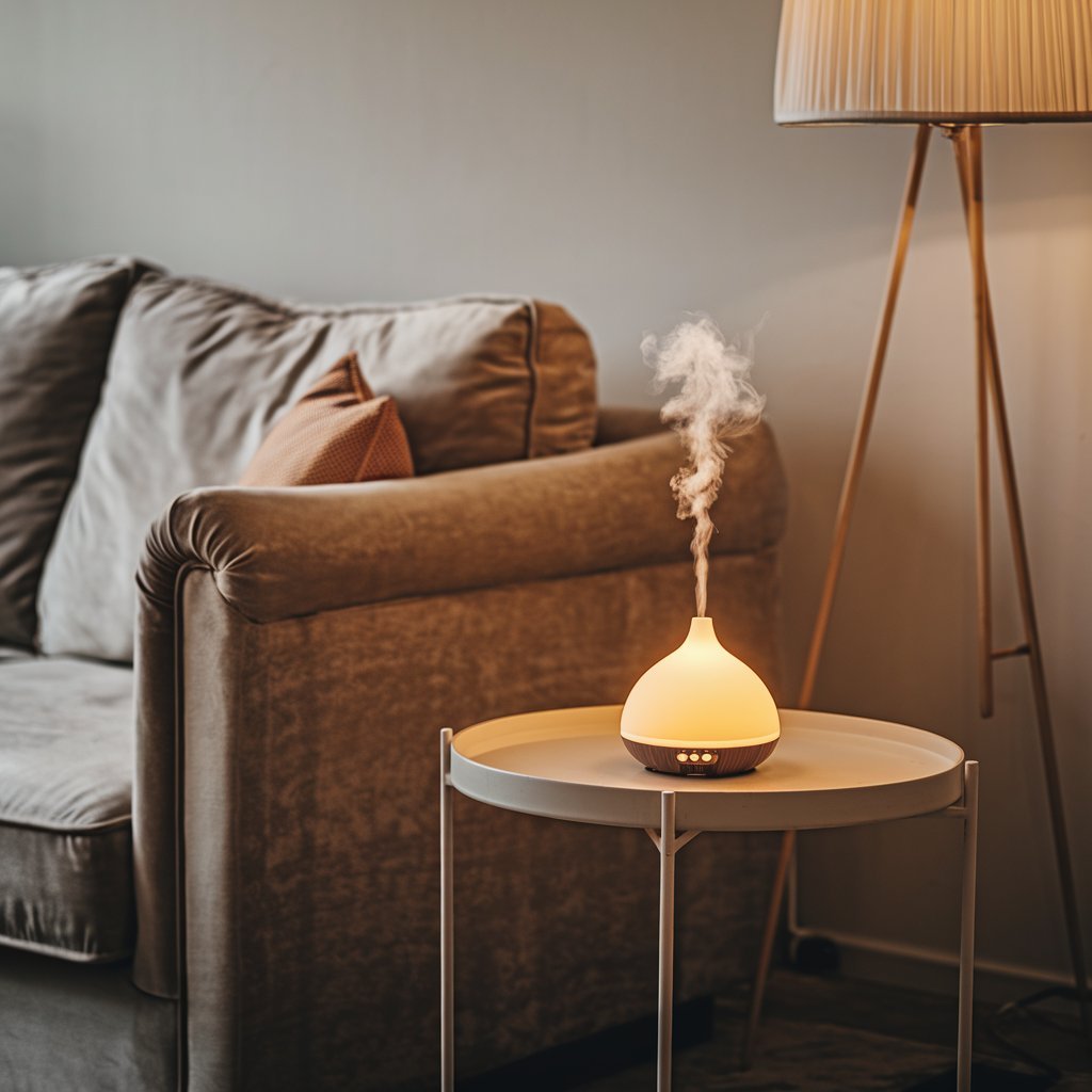 A cozy home setting with a diffuser emitting the aromatic chamomile scent