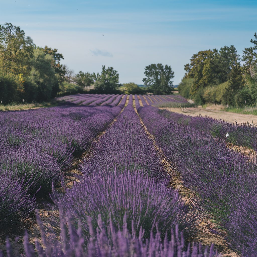 A field in Provence, filled with blooming Lavandin Grosso plants under a clear blue sky.
