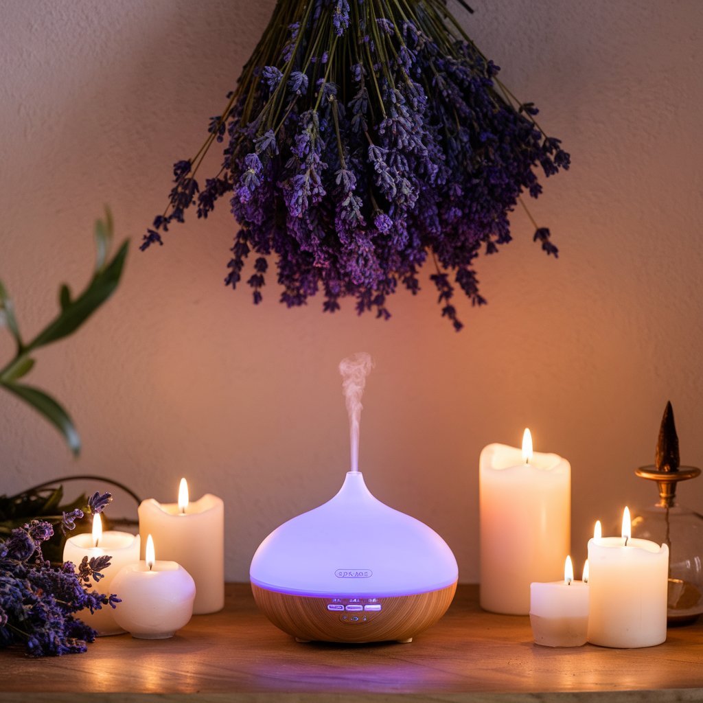 A serene aromatherapy setup with a diffuser and a lavender bouquet in the background.