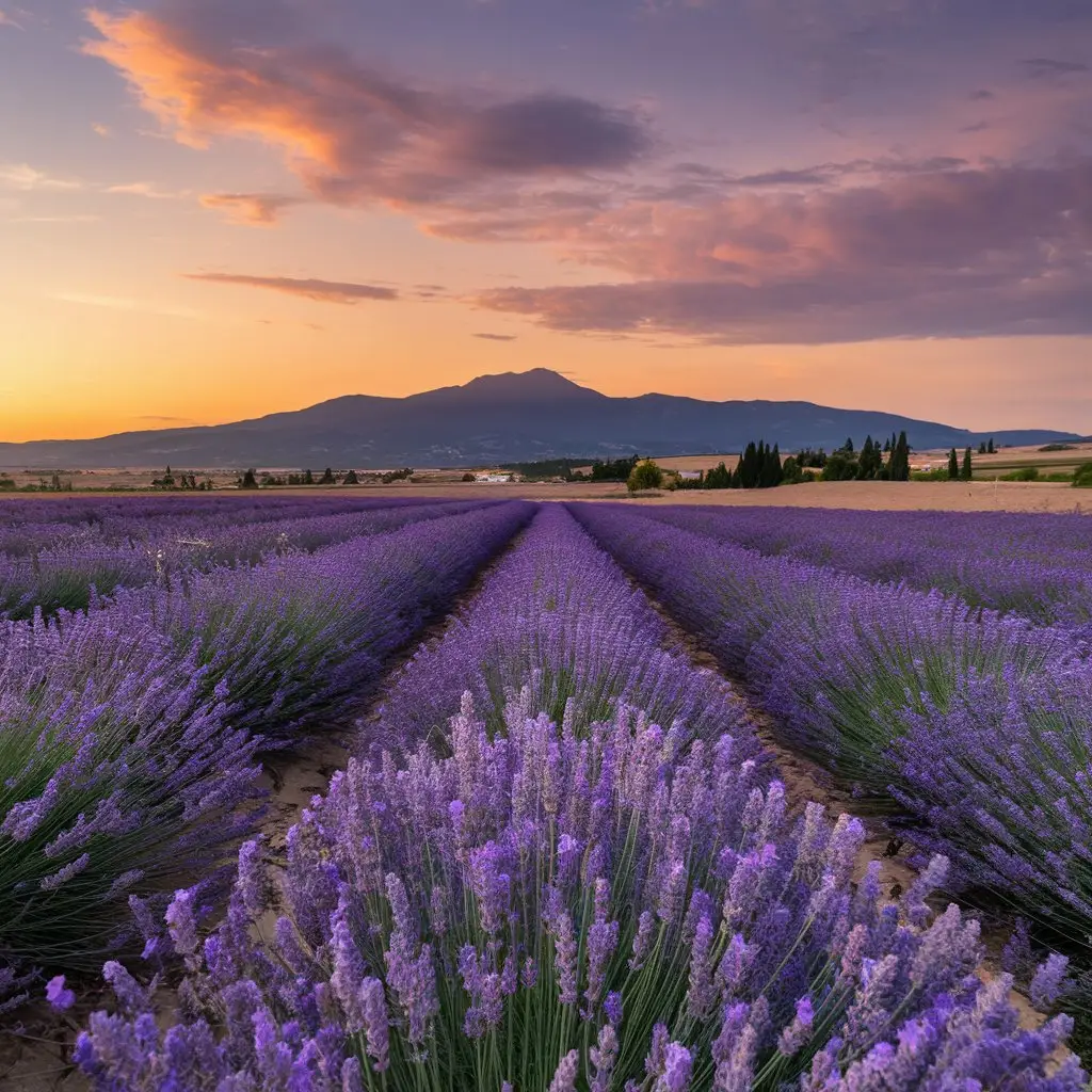 A serene lavender field in Spain under a brilliant sunset sky