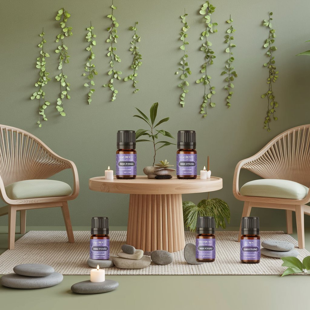 A spa-like environment with Lavandin Grosso essential oil bottles and natural elements such as stones and greenery.