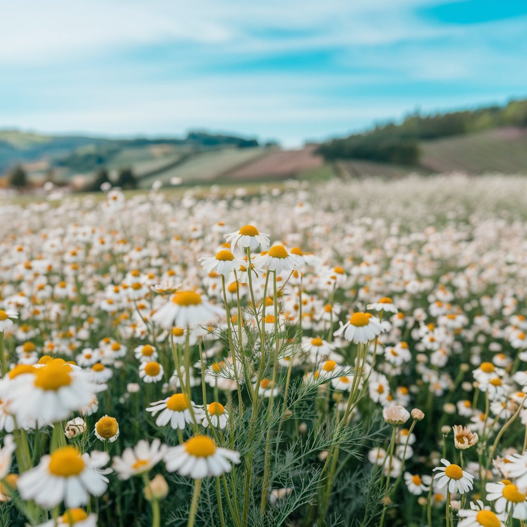 The German chamomile plant in full bloom under the bright sun