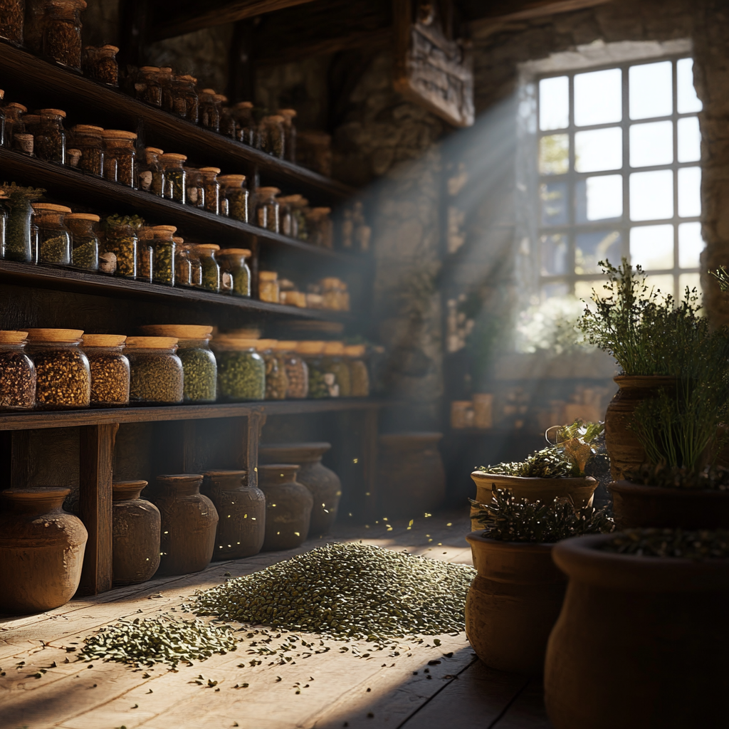 ancient apothecary filled with organic herbs and celery seeds