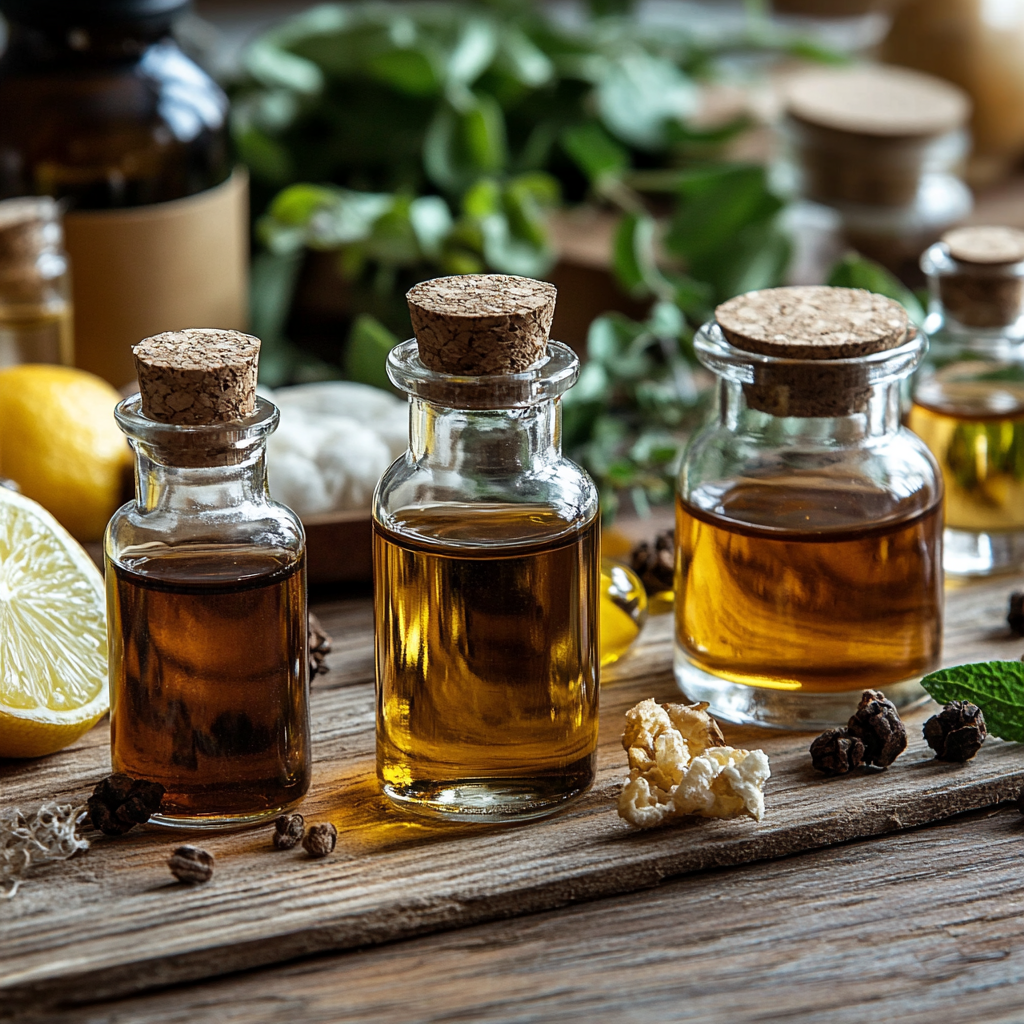 essential oil bottles and natural ingredients