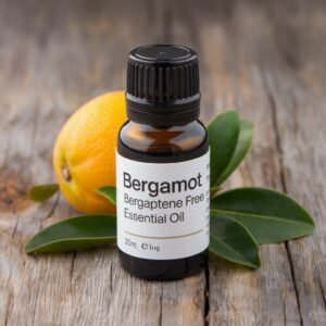 essential oil clear bottle labeled Bergamot Bergaptene Free Essential Oil