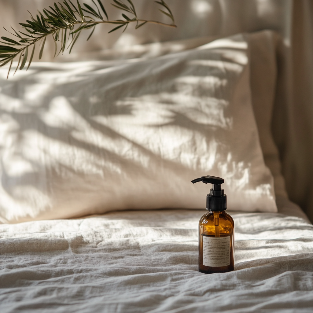 essential oils spray bottle near the pillow on the bed