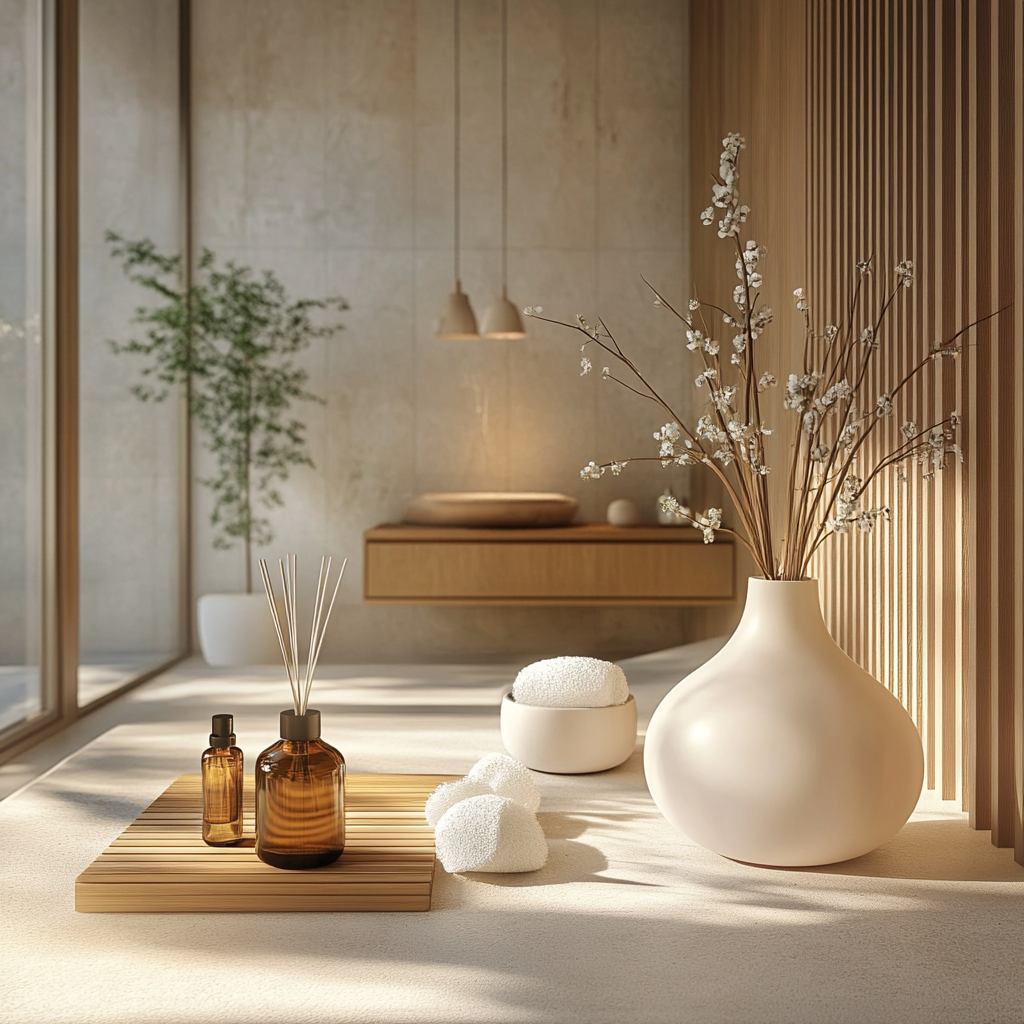 tranquil spa setting featuring diffusers, massage oils, and organic decor 