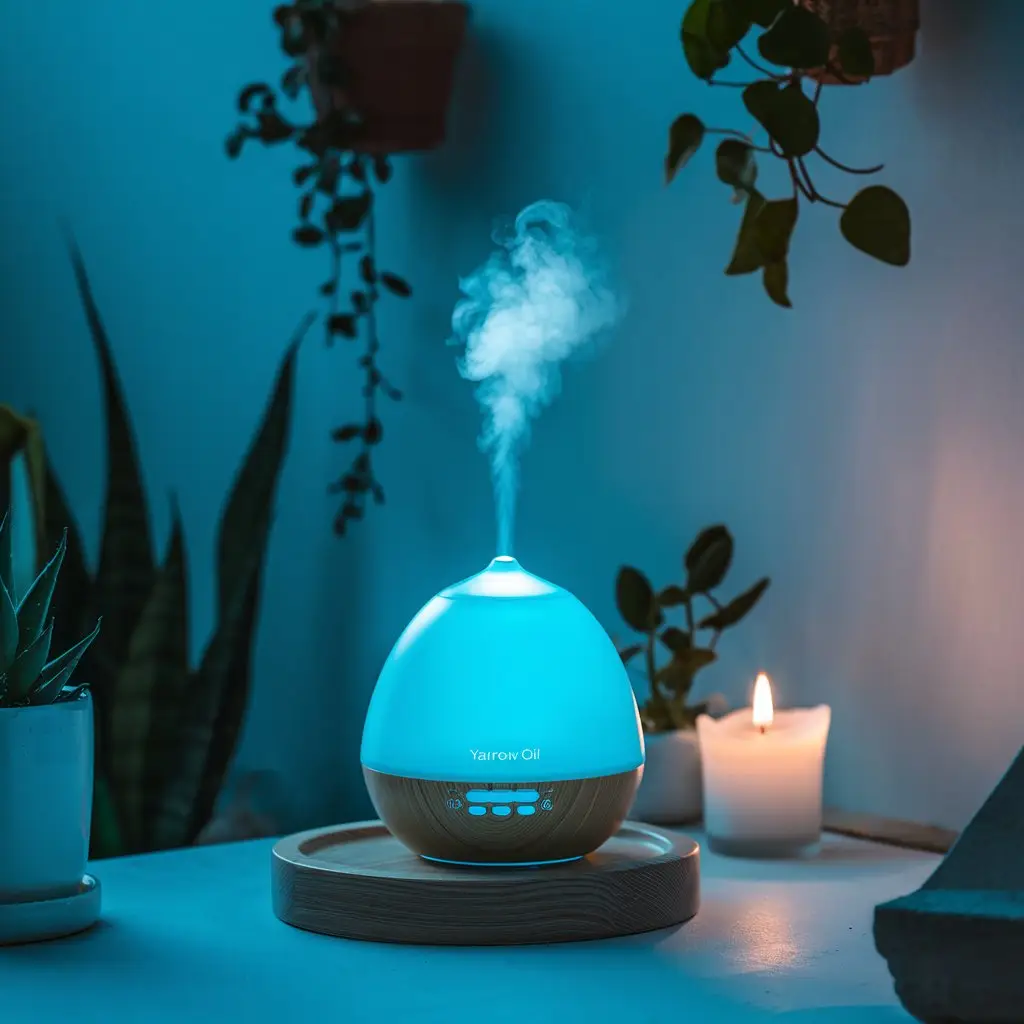 A calming night-time scene with a diffuser emitting the mist of Yarrow Blue Oil, paired with soothing lighting