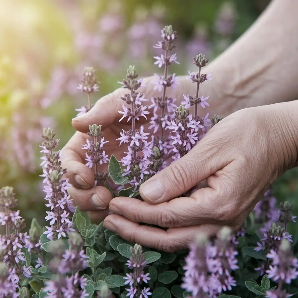 A close-up of hands gently holding thyme flowering tops.