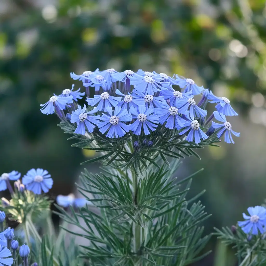 A close-up shot of a yarrow plant with its iconic blue flowers under soft morning sunlight