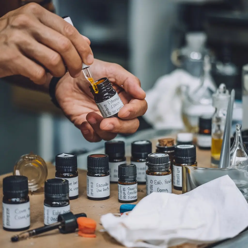 A craftsman's hand carefully blending essential oils with labels and jars surrounding it