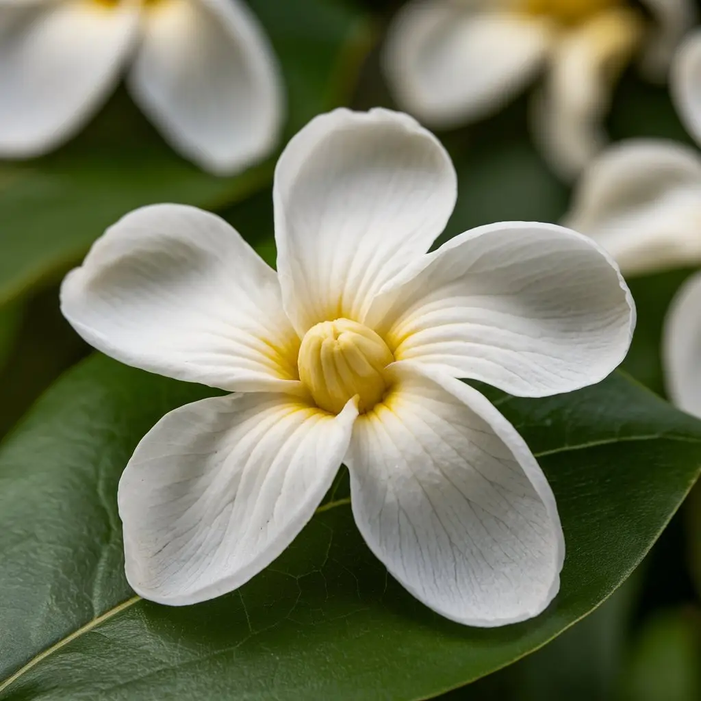 A high-detail close-up of a jasmine flower, showcasing its delicate petals and vibrancy
