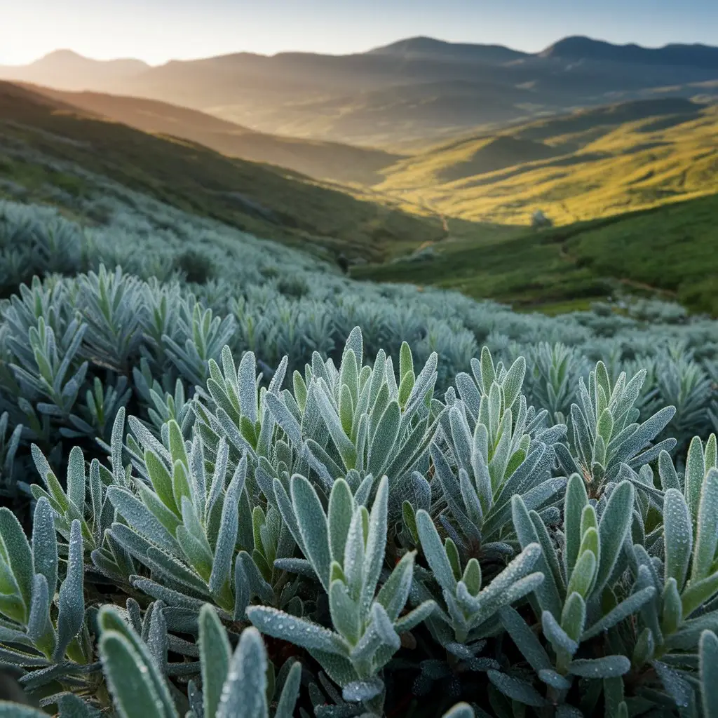 A landscape photograph of Bosnian valleys where sage grows naturally, with morning dew glistening on the leaves.